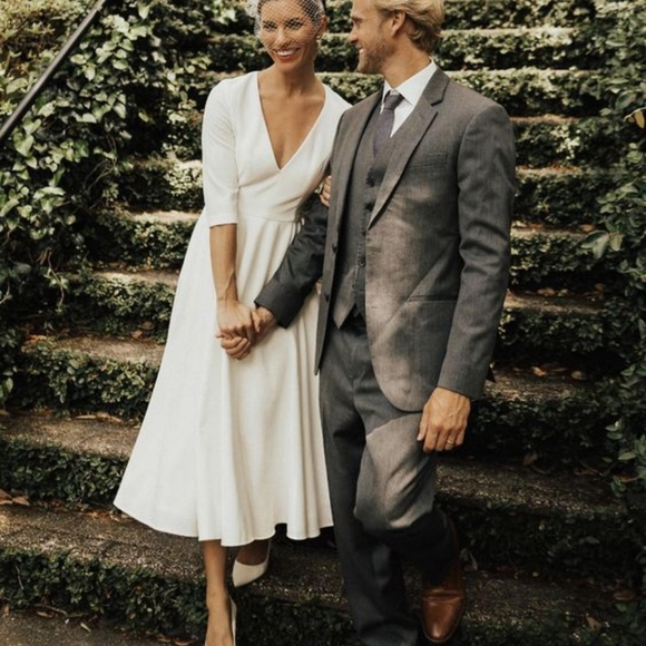 BHLDN Anthropologie Valdis Midi Wedding Dress Gown 4 Ivory White / Cream V Neck - Picture 3 of 7